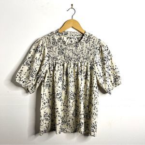 Indie & Co Cream Black Floral Smocked High Neck Blouse NWOT